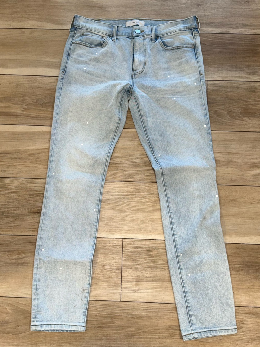 PacSun Men's Skinny Light Blue Jeans with Subtle White Paint Dots